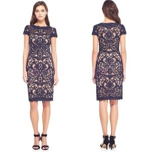Tadashi Shoji Corded Embroidery on tulle cap sleeve cocktail party dress navy